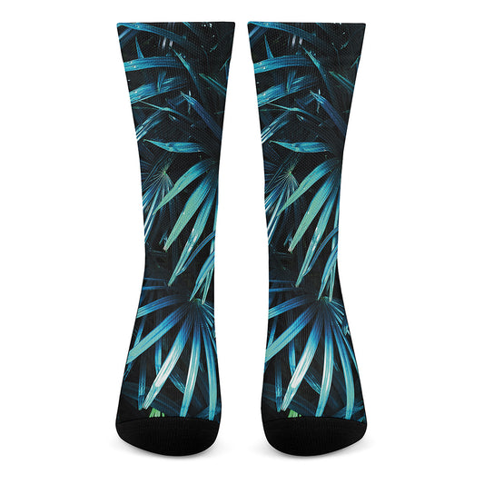 Turquoise Tropical Leaves Print Crew Socks