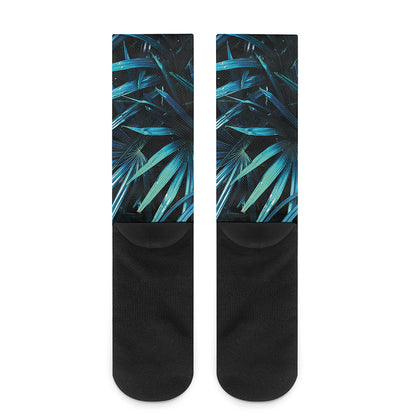 Turquoise Tropical Leaves Print Crew Socks