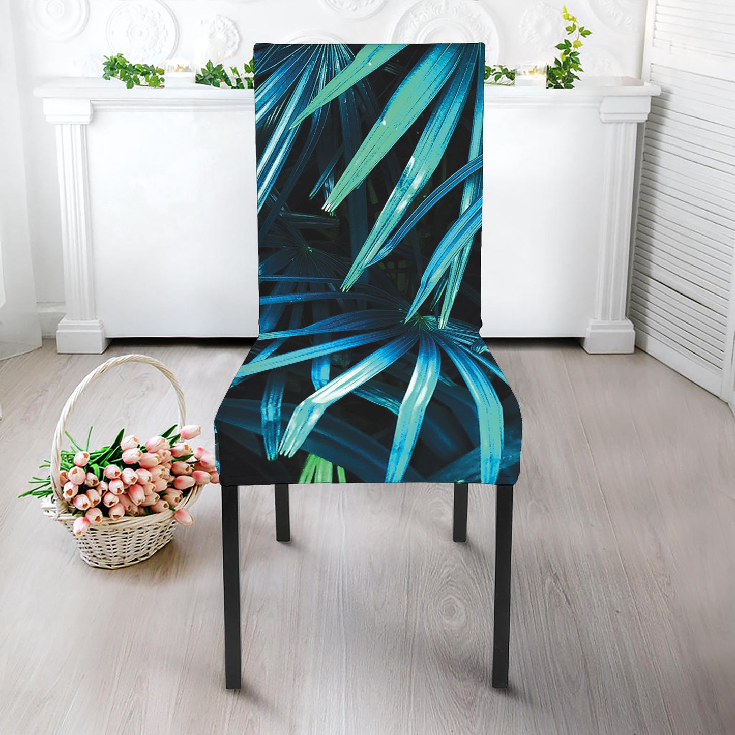 Turquoise Tropical Leaves Print Dining Chair Slipcover
