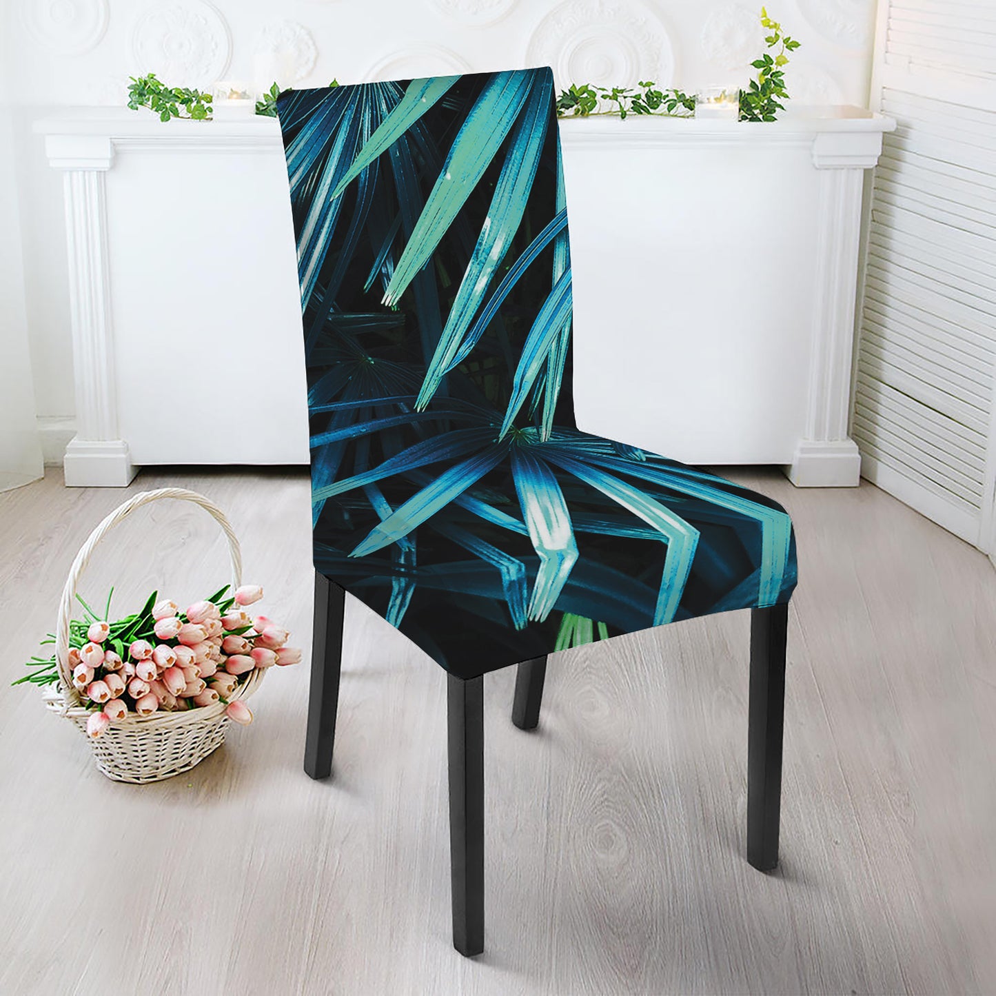 Turquoise Tropical Leaves Print Dining Chair Slipcover