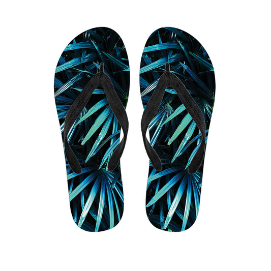 Turquoise Tropical Leaves Print Flip Flops