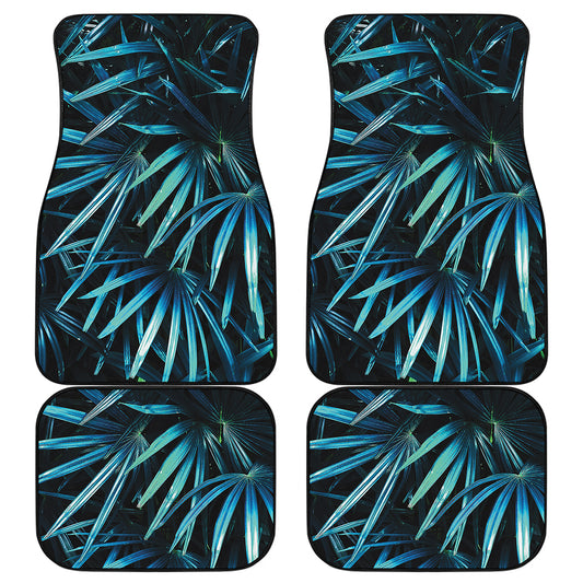 Turquoise Tropical Leaves Print Front and Back Car Floor Mats