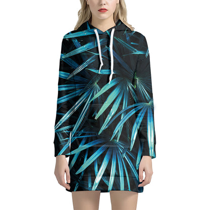 Turquoise Tropical Leaves Print Hoodie Dress