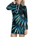 Turquoise Tropical Leaves Print Hoodie Dress