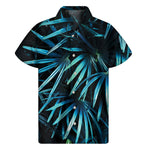 Turquoise Tropical Leaves Print Men's Short Sleeve Shirt