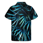 Turquoise Tropical Leaves Print Men's Short Sleeve Shirt