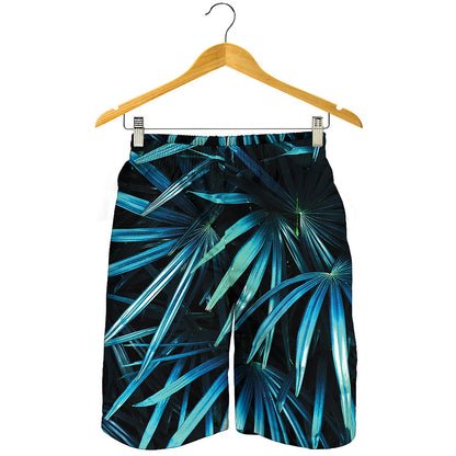 Turquoise Tropical Leaves Print Men's Shorts
