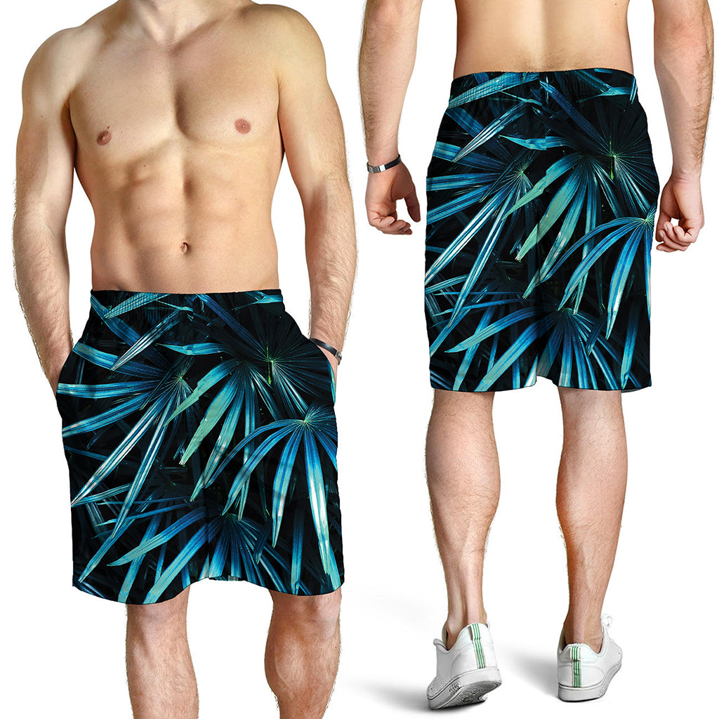 Turquoise Tropical Leaves Print Men's Shorts