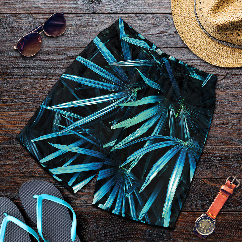Turquoise Tropical Leaves Print Men's Shorts
