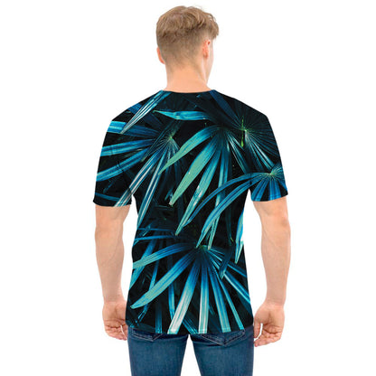 Turquoise Tropical Leaves Print Men's T-Shirt