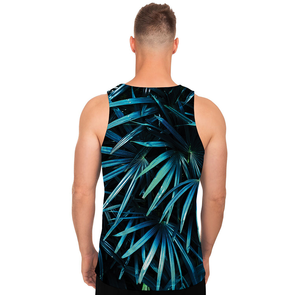 Turquoise Tropical Leaves Print Men's Tank Top