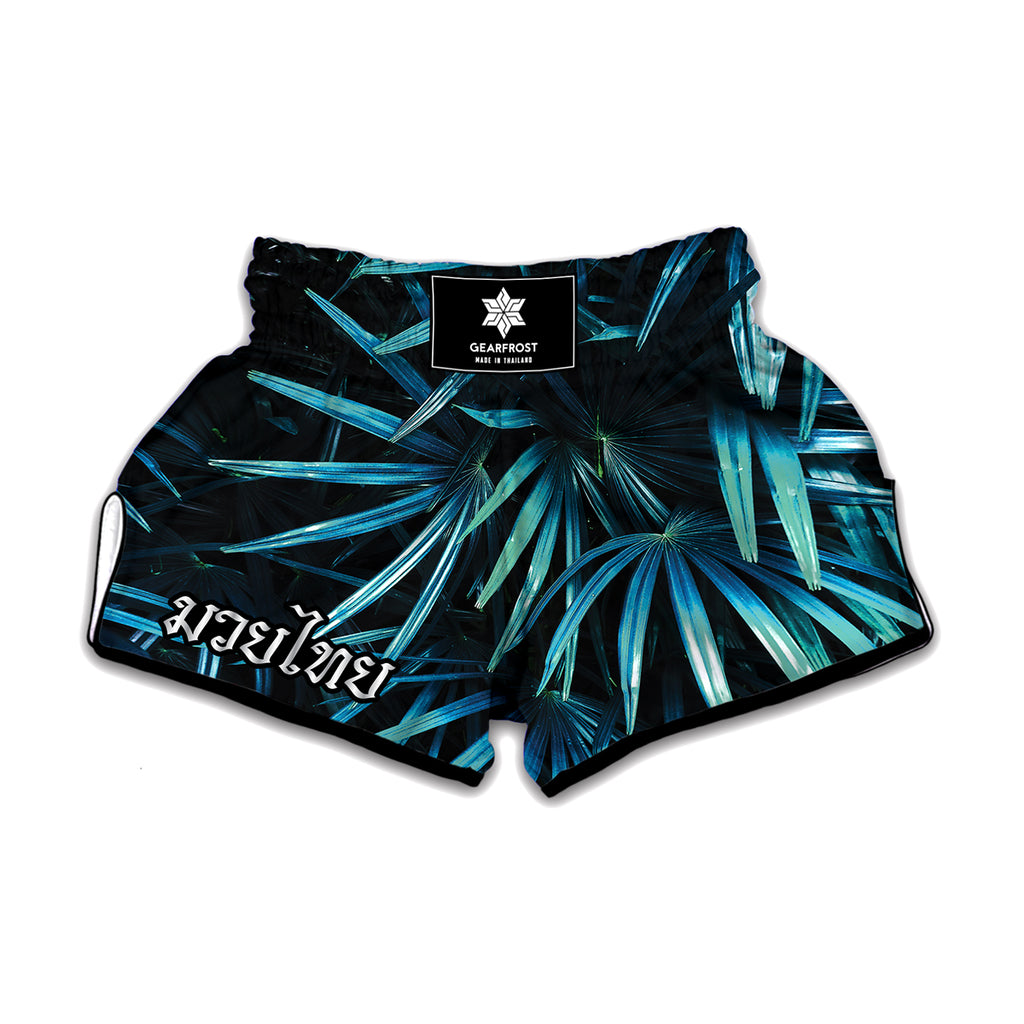 Turquoise Tropical Leaves Print Muay Thai Boxing Shorts