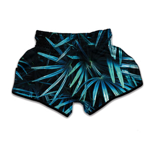 Turquoise Tropical Leaves Print Muay Thai Boxing Shorts