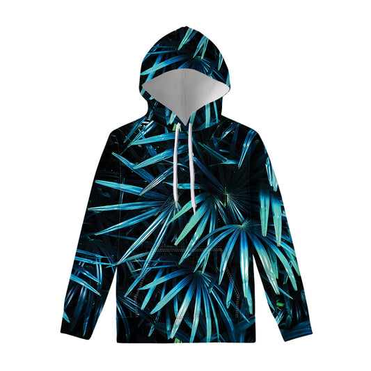 Turquoise Tropical Leaves Print Pullover Hoodie