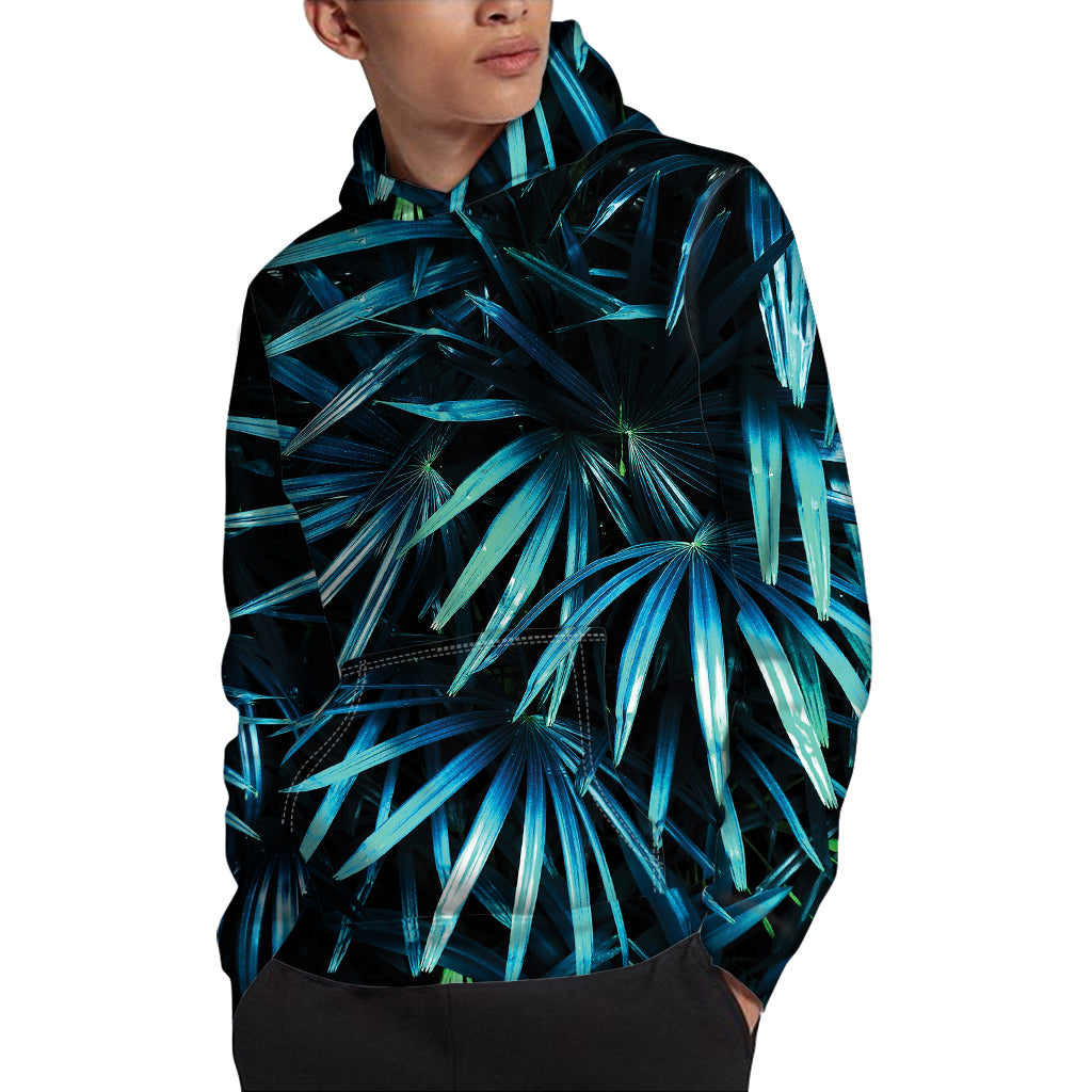 Turquoise Tropical Leaves Print Pullover Hoodie