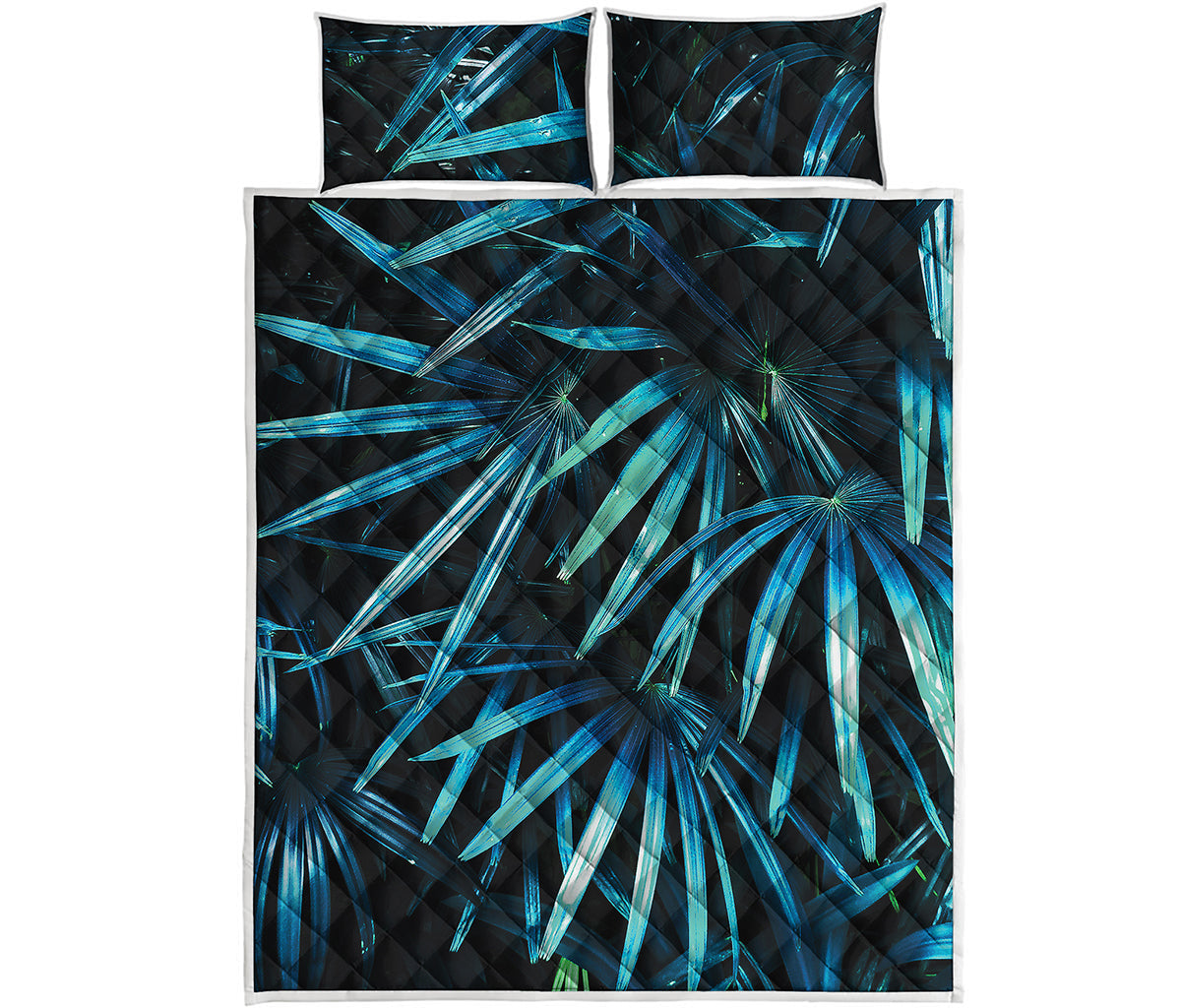 Turquoise Tropical Leaves Print Quilt Bed Set
