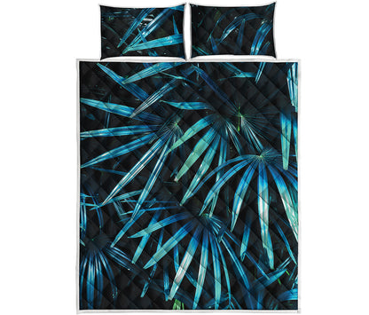 Turquoise Tropical Leaves Print Quilt Bed Set