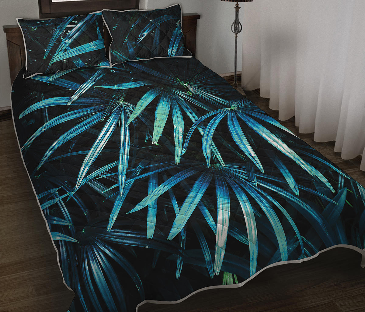 Turquoise Tropical Leaves Print Quilt Bed Set