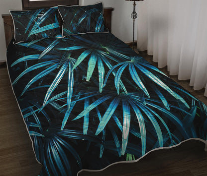 Turquoise Tropical Leaves Print Quilt Bed Set