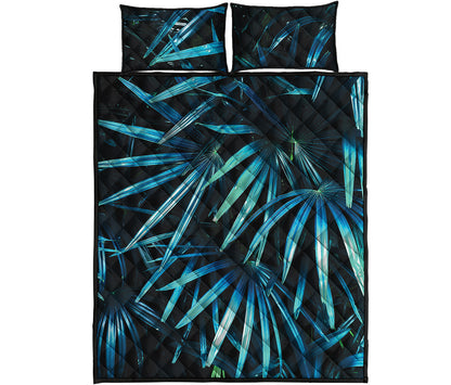 Turquoise Tropical Leaves Print Quilt Bed Set