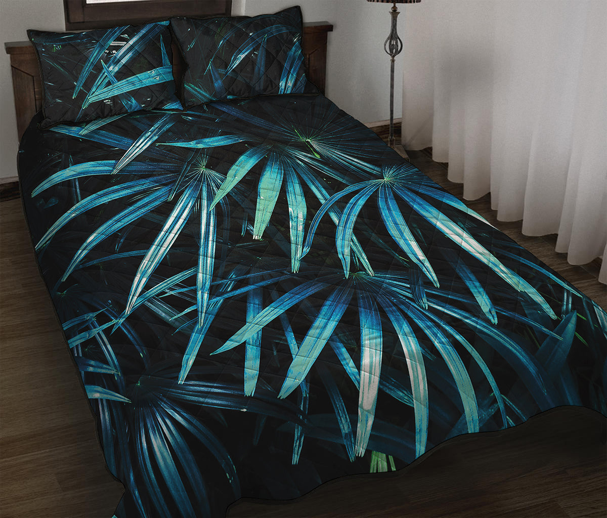 Turquoise Tropical Leaves Print Quilt Bed Set