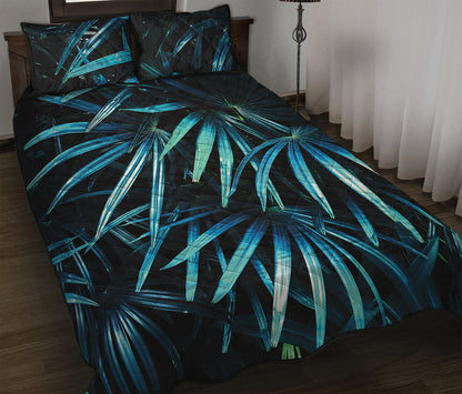 Turquoise Tropical Leaves Print Quilt Bed Set