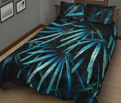 Turquoise Tropical Leaves Print Quilt Bed Set