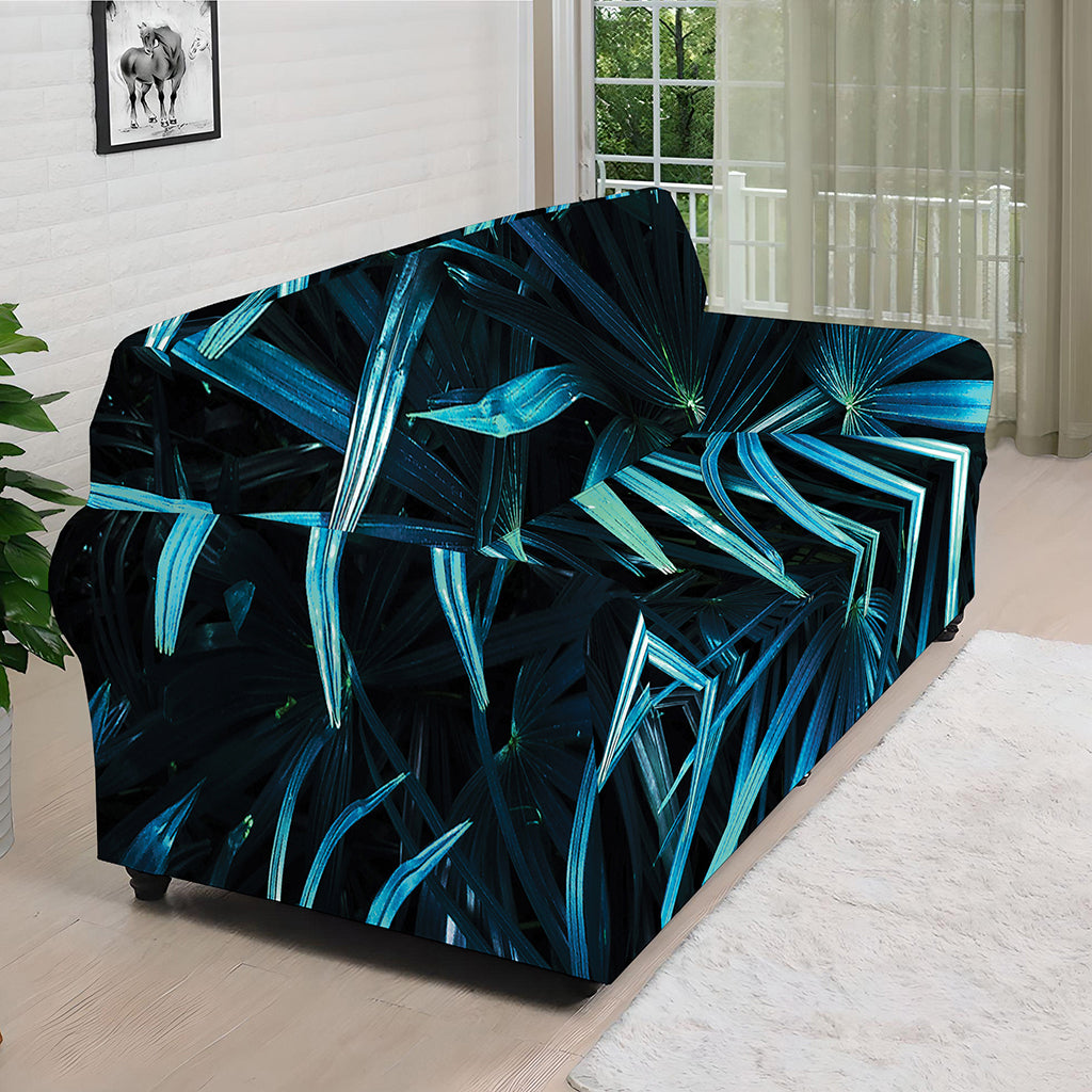 Turquoise Tropical Leaves Print Sofa Cover