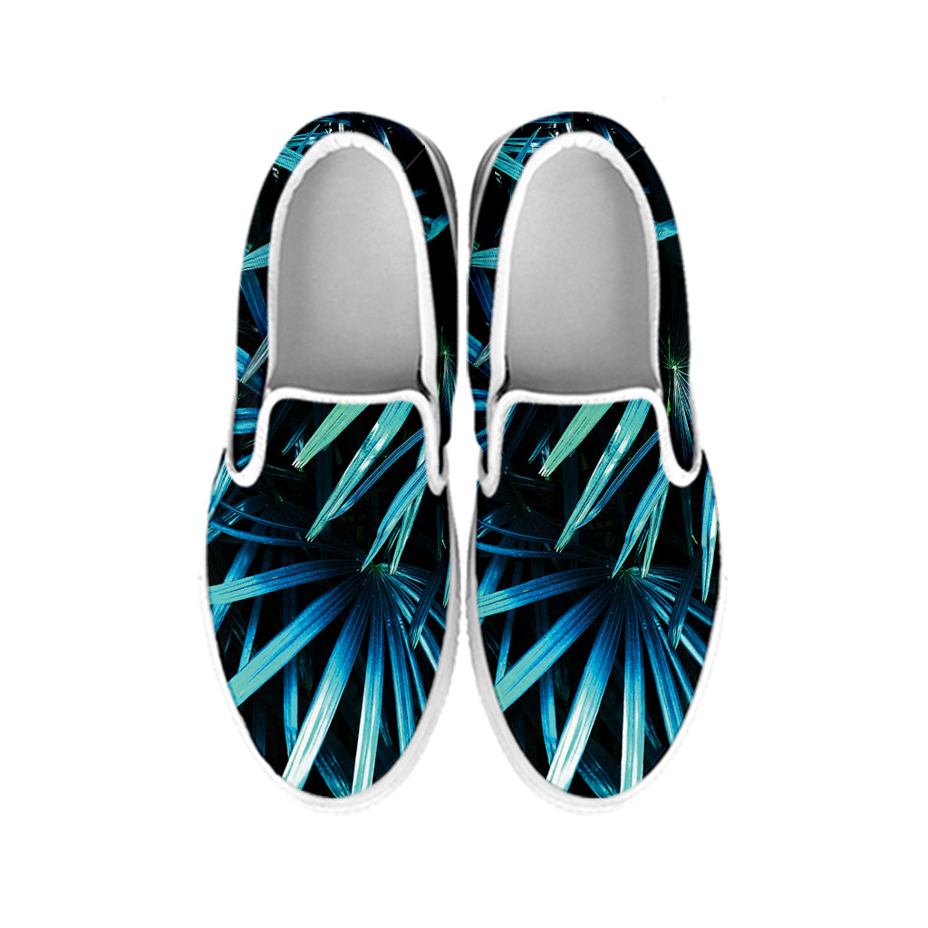 Turquoise Tropical Leaves Print White Slip On Shoes