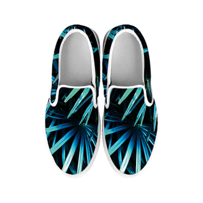 Turquoise Tropical Leaves Print White Slip On Shoes