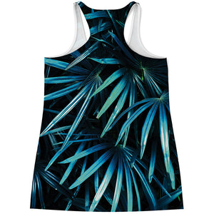 Turquoise Tropical Leaves Print Women's Racerback Tank Top