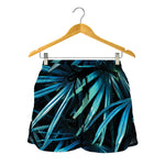 Turquoise Tropical Leaves Print Women's Shorts
