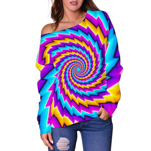 Twisted Spiral Moving Optical Illusion Off Shoulder Sweatshirt GearFrost