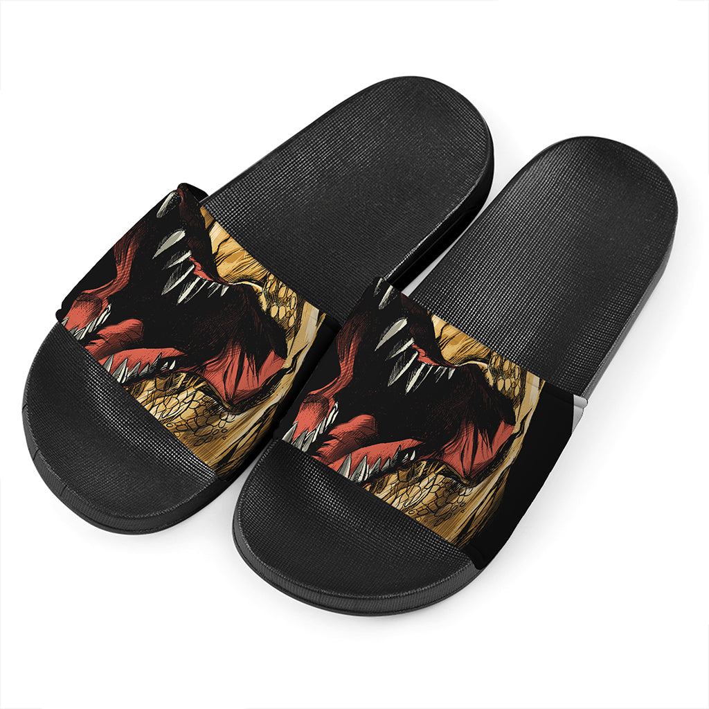 Tyrannosaurus Rex Head Print Black Slide Sandals