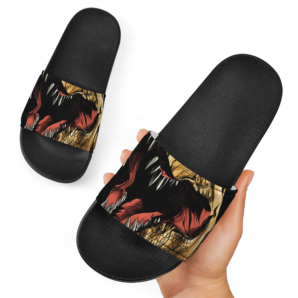 Tyrannosaurus Rex Head Print Black Slide Sandals