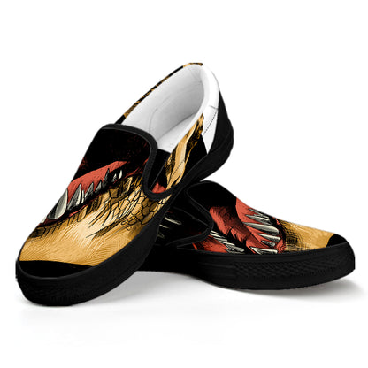 Tyrannosaurus Rex Head Print Black Slip On Shoes