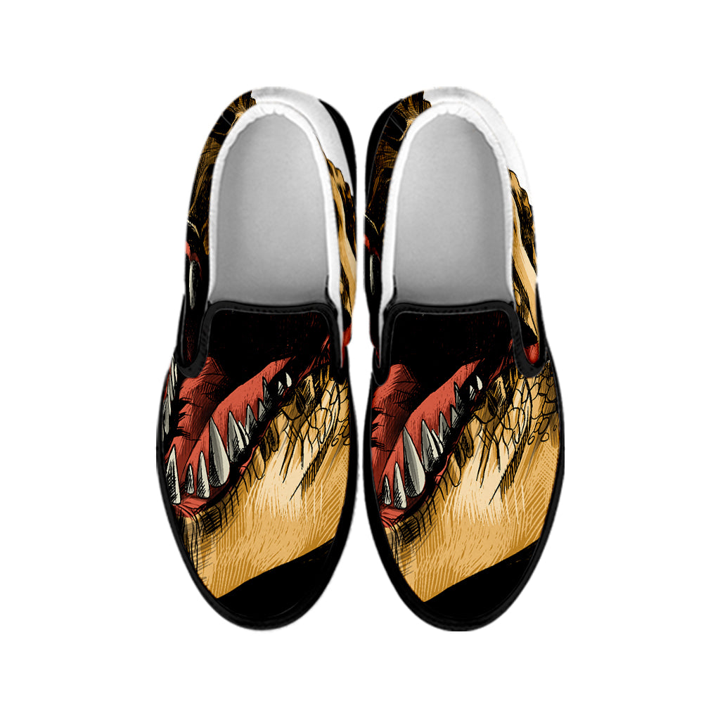 Tyrannosaurus Rex Head Print Black Slip On Shoes