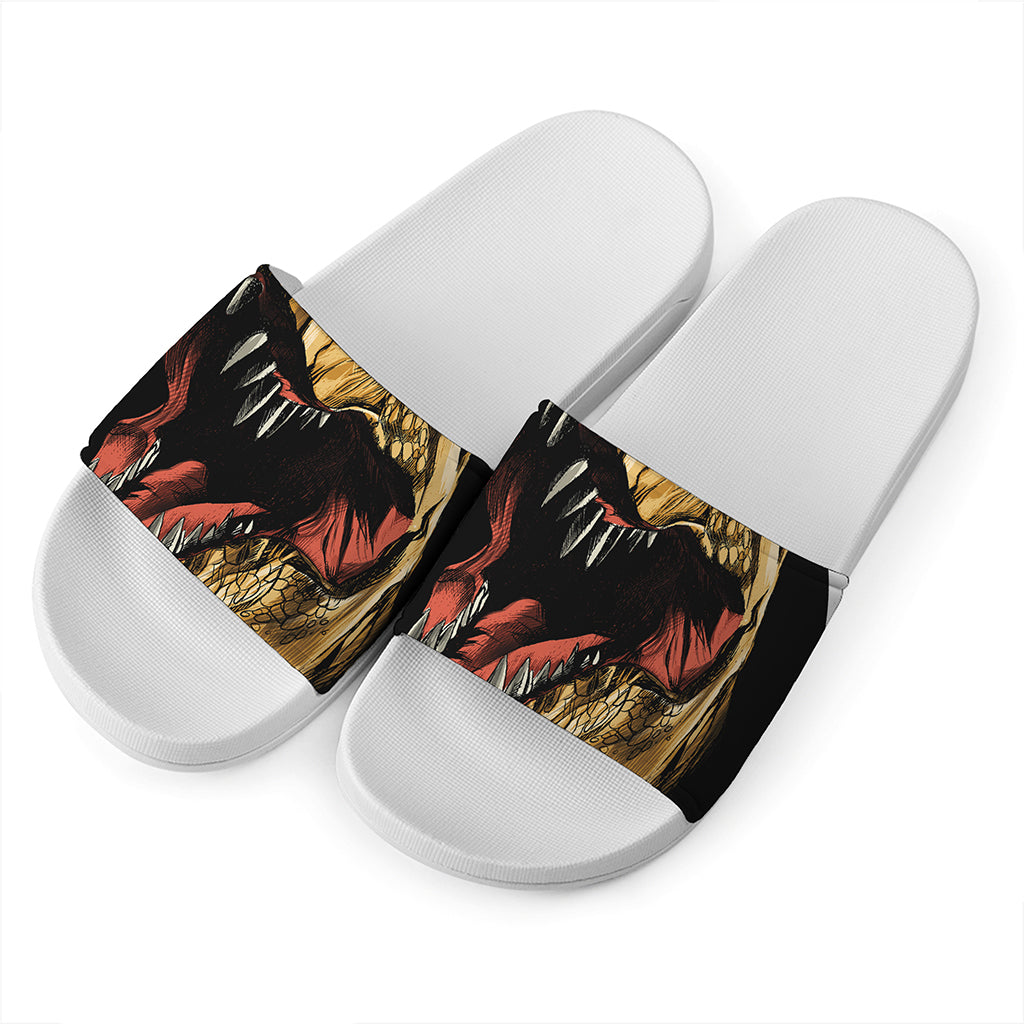 Tyrannosaurus Rex Head Print White Slide Sandals