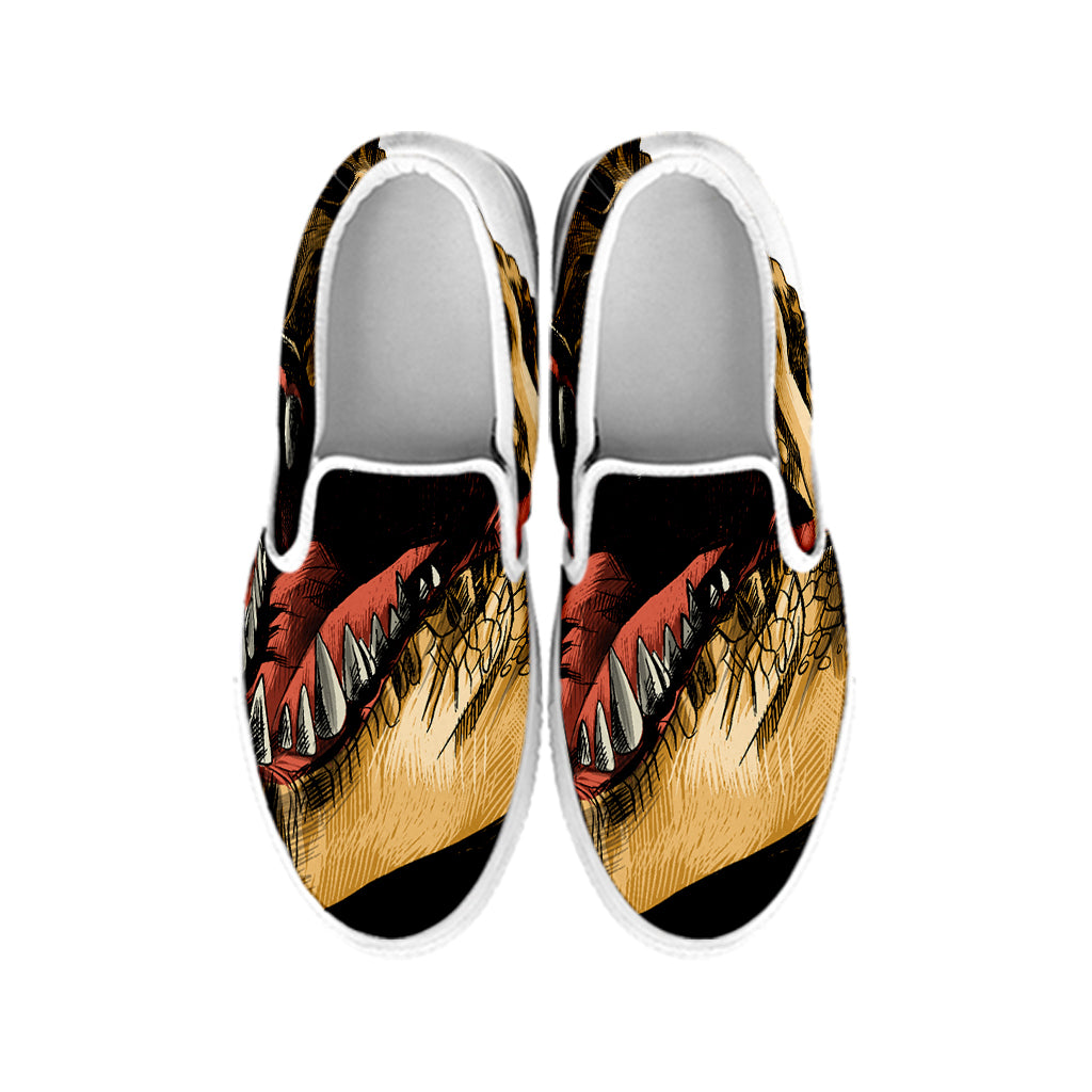 Tyrannosaurus Rex Head Print White Slip On Shoes