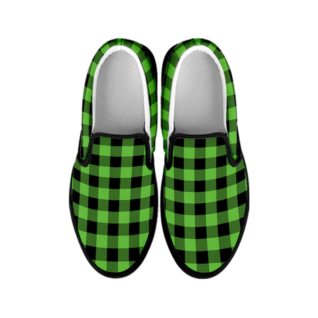 UFO Green And Black Buffalo Check Print Black Slip On Shoes