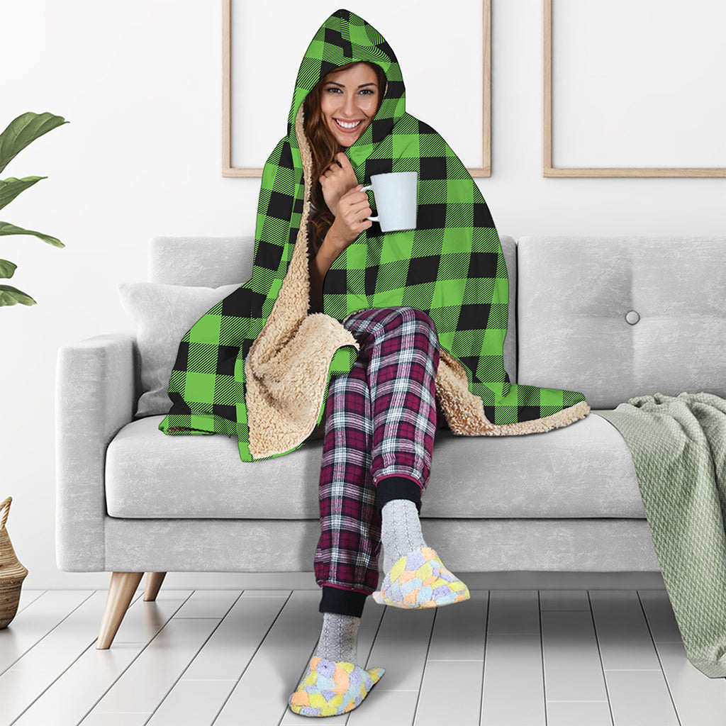 UFO Green And Black Buffalo Check Print Hooded Blanket