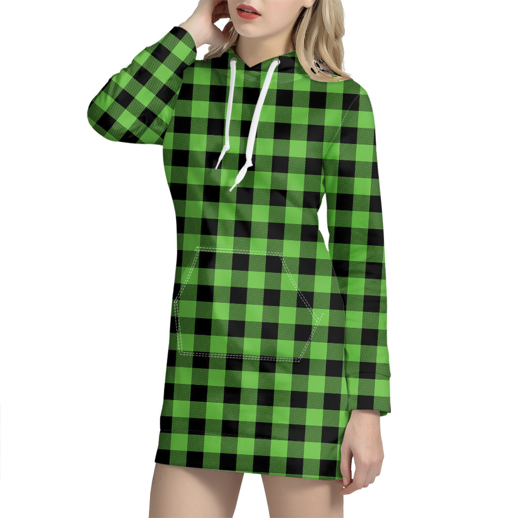 UFO Green And Black Buffalo Check Print Hoodie Dress