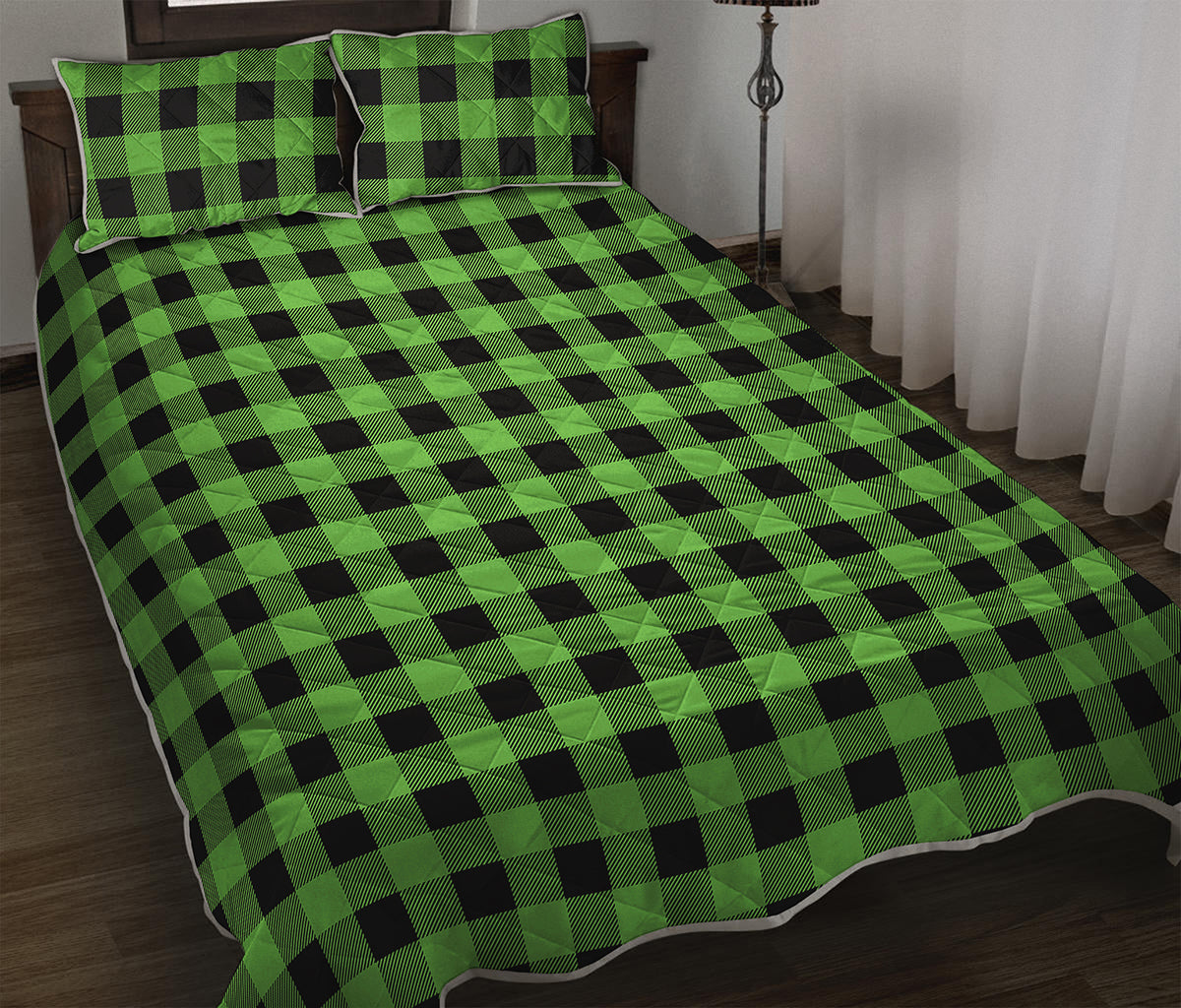 UFO Green And Black Buffalo Check Print Quilt Bed Set