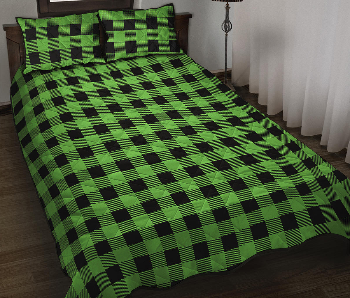 UFO Green And Black Buffalo Check Print Quilt Bed Set
