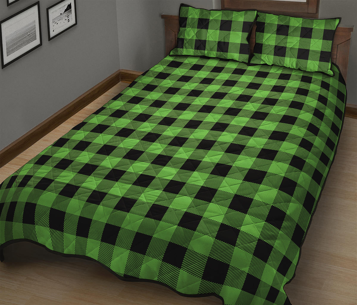UFO Green And Black Buffalo Check Print Quilt Bed Set