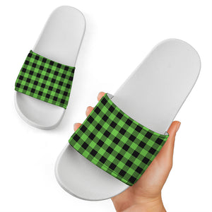 UFO Green And Black Buffalo Check Print White Slide Sandals