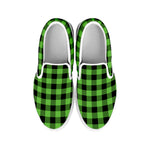 UFO Green And Black Buffalo Check Print White Slip On Shoes