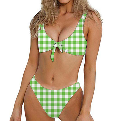 UFO Green And White Buffalo Check Print Front Bow Tie Bikini