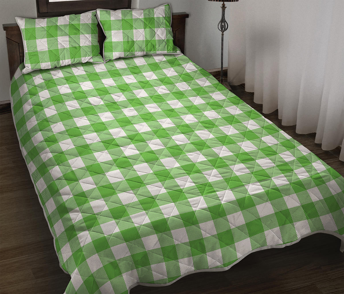 UFO Green And White Buffalo Check Print Quilt Bed Set