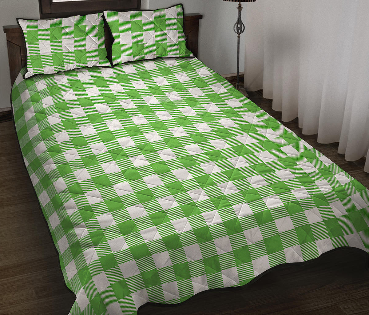 UFO Green And White Buffalo Check Print Quilt Bed Set